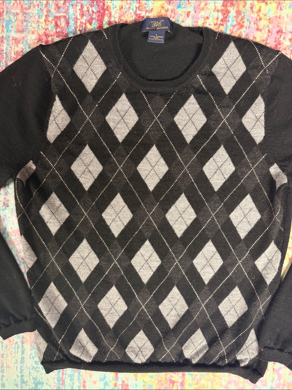 Brooks Brothers Black and Gray Argyle Crewneck Sweater